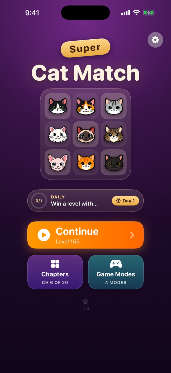 The home screen, with the nine collectable cat breeds arranged in a grid and a daily challenge strip.